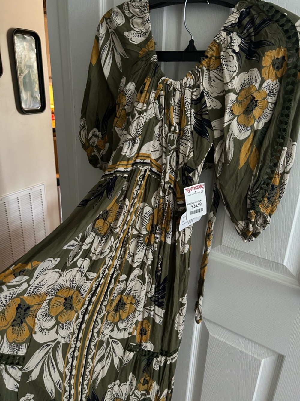 Angie Olive Green Floral Maxi Dress with Puff Sleeves - Picture 2 of 6